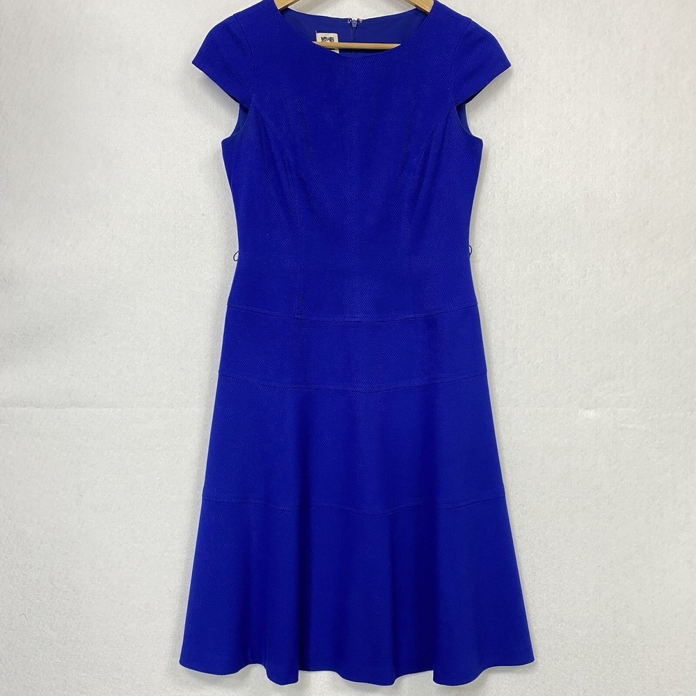 Anne Klein Women 2 A-Line Dress Blue Cap Sleeve Career Retro Knee Length